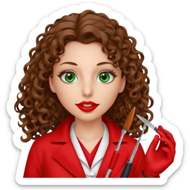 Lilith symbol sexy evil woman. She has green eyes.  had brown long curly hair.  evil surgeon kills with scalpel wears red sexy doctor coat with red mouth cover red gloves. Covers nose, neck  and mouth with Muslim red berka sticker