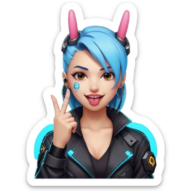 Woman with her tongue out in cyberpunk clothing and giving the middle finger. Looking naughty. sticker