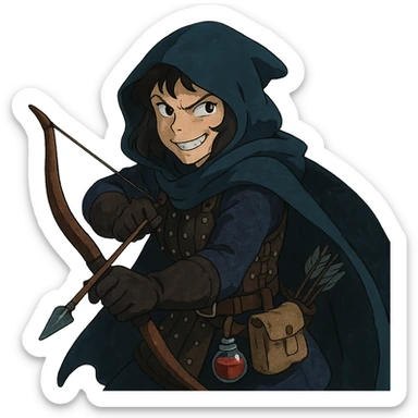 A female rouge , colored hood, wearing brigandine armor with, bow and arrow at the ready, night time shadows, tool belt with red potion and bandages, mischievous grin, anger sticker