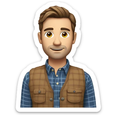 a white 30 year old man with brown hair and stubble in a plaid shirt and gilet  sticker