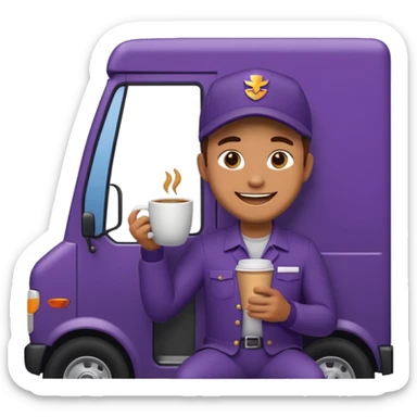emoji of FedEx delivery man is sipping coffe while sitting in the FedEx truck sticker