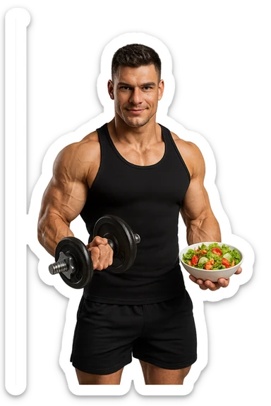 bodybuilder che tiene un manubrio da palestra nella mano destra e una bowl di insalata nella mano sinistra sticker