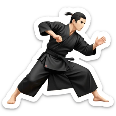 An icon depicting an aikido fighter in a black gi, executing a graceful throw in a martial arts dojo. The background features traditional wooden floors, tatami mats, and a serene atmosphere with soft lighting. The focus is on the fighter's precise technique and fluid movement. Transparent background sticker