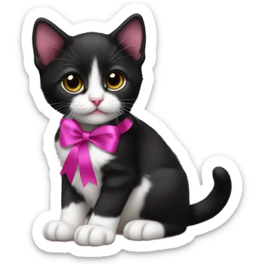 Baby Tuxedo kitten with a magenta ribbon  sticker