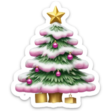 a snowy christmas tree with pink ornaments and a gold star and the top sticker