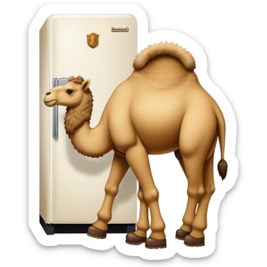 A white kitchen refrigerator with camel head poking out from an open door and furry camel legs wearing classic wheat-colored Timberland boots sticker