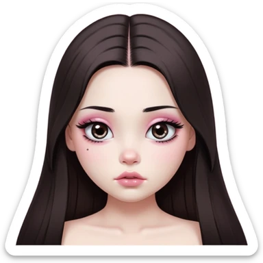 girl with white skin, dark brown long realistic straight hair with middle part prominently falling in front of her body over her shoulders, very big pouty extra shiny lips with absolutely no cupid's bow, big round eyes with very black shiny eyeballs and huge eyelashes, no eyeshadow, pink blush on cheeks, lighter button nose, extremely long oval-shaped face, wearing a pink off-shoulder top, looking directly at camera with hands down at sides sticker