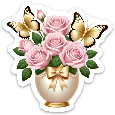 Realistic aesthetic bouquet of roses. Three white and three light pink in a pearl vase and a beige bow with gold decoration and a butterfly with gold and beige wings sticker