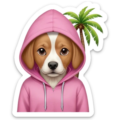 Dog wearing pink hoodie with darker pink palm tree on the right side of the hoodie sticker