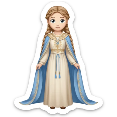 Joven de unos 30 años, de aspecto dulce, elegante.
Piel clara, ojos (pueden ser azules o verdes)
castaño claro largo, con trenzas.
Vestido largo de tonos suaves (blanco, azul o lavanda), con bordados dorados; un manto o toca fina cubriendo la cabeza. Que se vea todo el cuerpo de pies a cabeza sticker