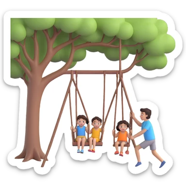 A person pushing a swing with a child sitting on it, outdoors, under a tree, in daylight. The swing is moving back and forth. Focus on the motion of swinging and the person gently pushing it sticker
