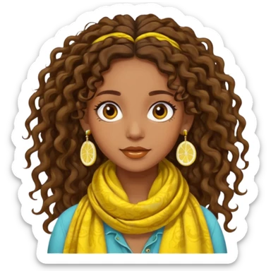 bohemian girl, brown skin, long curly brown hair tied up, lemon yellow scarf, round earrings, free-spirited sticker