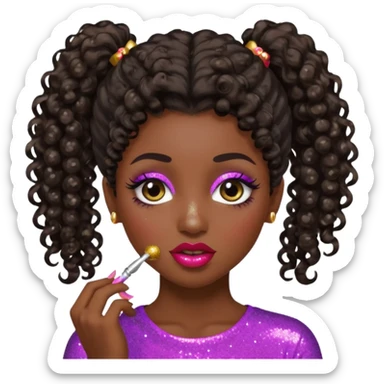emoji sucking its lips in with one eyebrow up and the other one down dark skin and curly hair in one ponytail with eyelashes up to her hair sticker