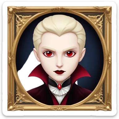 Cinematic Noble Vampire Portrait Emoji, Elegant and commanding, with a refined, pale visage framed by dark, velvet accents and a hint of crimson, exuding timeless seduction and dangerous allure, simplified yet exquisitely detailed, glowing with a soft nocturnal radiance and a subtle, mysterious outline that captures the regal spirit of an immortal lord of the night! sticker