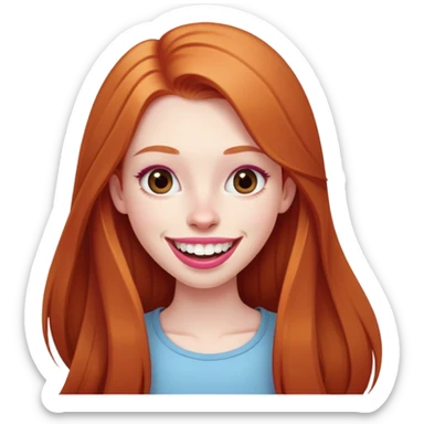 Young girl with pale skin, very long face, full pink lips smiling with big teeth, very long straight auburn hair (lighter ginger, not intense red), big brown eyes, big nose, big mouth sticker