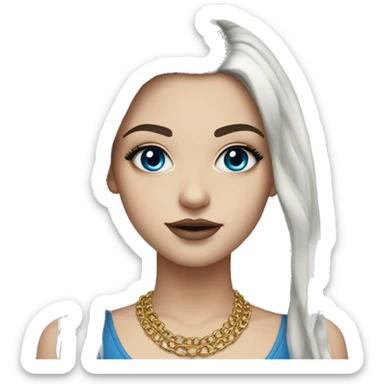 Hyperrealistic white girl with blue eyes and long black hair with rainbow fringe. Wearing gold chain necklace has dark eye makeup on her eyes sticker