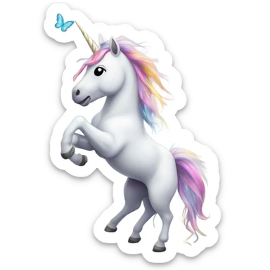 Unicorn dancing underneath a rainbow with butterflies all around her.  sticker