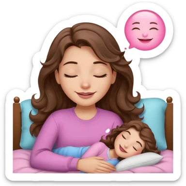 girl with wavy long brown hair, brown eyes, light to medium complexion, long lashes, light pink lipstick, smiling, wearing light pink shirt, sleeping sticker