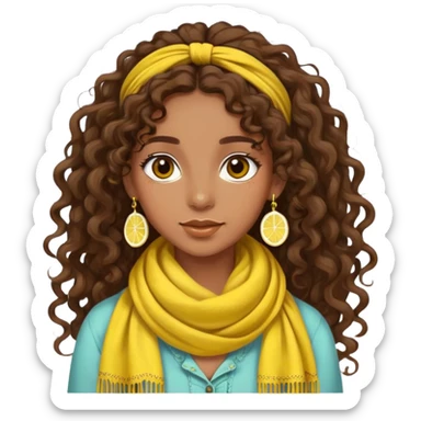 bohemian style girl, brown skin, long brown curly hair tied high, lemon yellow scarf, round earrings sticker