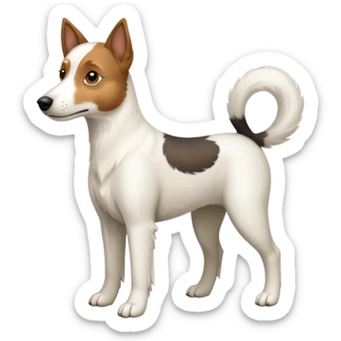 a full body large white parson russell looking dog the size of a kelpie with light brown ears and a light brown patch on one eye and a large snout sticker