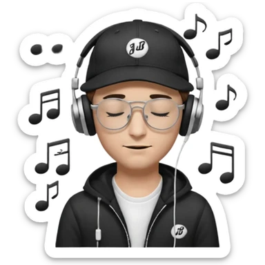 dj man white with baseball cap - rayban glasses - brown hair - closed eyes with headphones on with musical note over head (listening to music ) - eyes closed no glasses - black hat  musical notes floating around head sticker