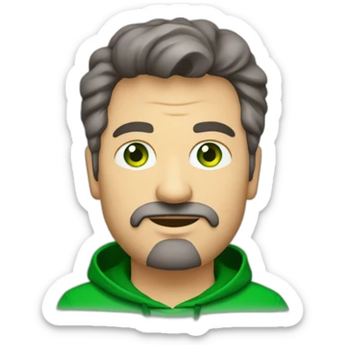 fat middle aged developer short dark brown graying hair goatee with green eyes hoodie sticker