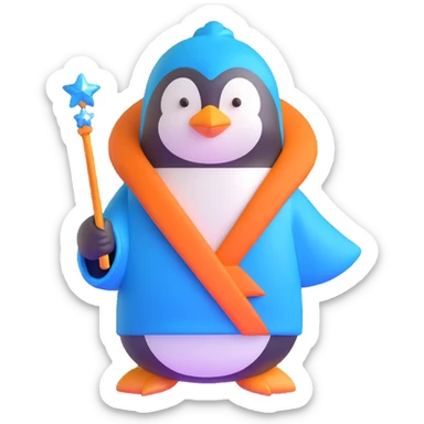 penguin wizard with a blue robe and sparkly wand sticker