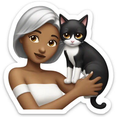  Caramel skinned woman with black hair hugging a black and white cat  sticker