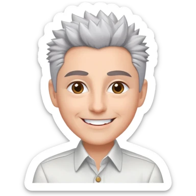 Close-up portrait of Marian Pabón with defined facial structure, light pinkish skin, almond eyes, arched eyebrows, charismatic wide smile, short spiky gray hair, wearing a formal white buttoned shirt sticker