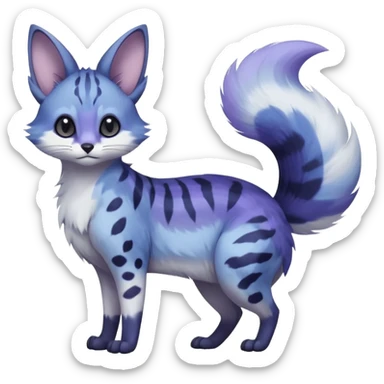  dull-colored gloomy-dark-deep-grayish-indigo-violet-gradients ghostly spectral spooky fur with random dark markings beautiful elegant pretty precious cute  Fakémon-Pokémon-opossum-feline-serval-caracal-chinchilla-Furret-Minccino-hybrid-creature with a big fluffy bushy tail (full body) sticker