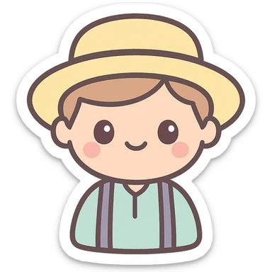 cute kawaii style emoji of an Amish boy in a straw hat and suspenders, smiling sticker