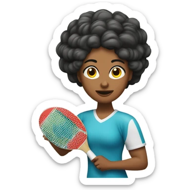 Deportista mujer de ping pong, con cabello rizado, tiene una prótesis en la pierna derecha y en el brazo derecho sticker