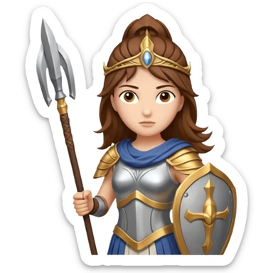 brown haired Athena the Greek goddess of disciplined, strategic warfare, calm, commanding figure leading with intelligence not force. wears light armour carries a spear, symbolising protection precise judgement. strategy, not aggression, embodying clarity, foresight and decisive action. sticker