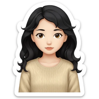 Beautiful girl,Black hair,wavy hair，long hair,Black eyes,Chinese, beige sweater  sticker