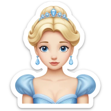 Cinematic Elegant Cinderella Portrait Emoji, rendered in a realistic, vector-style with minimal shading and bold, simplified shapes. Depict Cinderella in her classic ball gown (chest and above) with fair, porcelain skin and elegantly styled blonde hair, her eyes soft and kind, and her expression serene and graceful. The design glows with a gentle, enchanting radiance and high shine, capturing the timeless beauty of a fairy tale princess. sticker