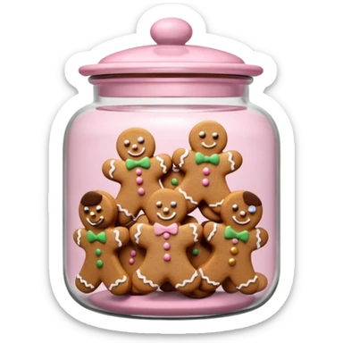 Realistic glass cookie jar with light pink lid full of gingerbread cookies isolated sticker