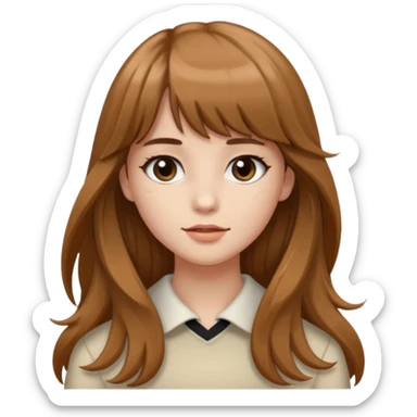 Uma garota de cabelo ondulado marrom,mas com franja lisa e olhos pretos, e a cor de pele branca,e o cabelo LONGO  sticker