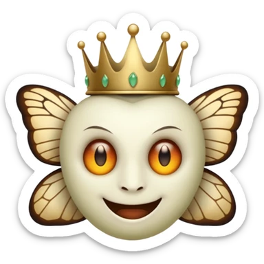 Savathûn from Destiny 2 as an apple-style emoji, featuring her distinctive moth-like crown, glowing eyes, and sinister smile, simplified for emoji format sticker