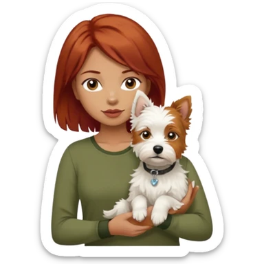 Westhighland white terrier dog being held by woman with dark shoulder length red hair and hazel eye wearing olive green top sticker