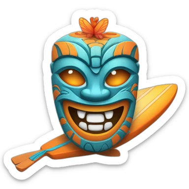 Cartoon Blue and orange smiling tiki with butterfly and surfboard sticker