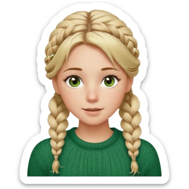 dirty blonde hazel/green eyes woman with a white cable knit sweater and one braid down her back  with tendrils of hair flowing down her face and she is happy pale, some freckles, blush. she has a cateye wing and long lashes sticker