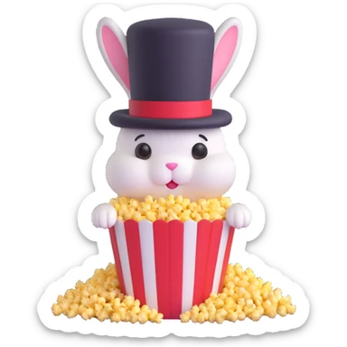 popcorn tub with a fluffy bunny emerging wearing a tall top hat sticker