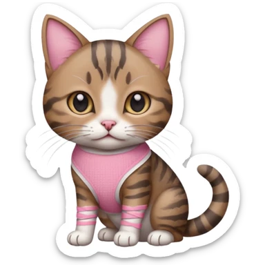a young female brown and gray tabby cat,with a pink bandage on her front paw, realistic sticker