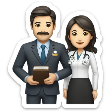 man american middle age with dark brown hair mustache and trimmed beard wearing a suit holding a bible, beside woman asian middle age with black shoulder length hair wearing a nurse uniform sticker