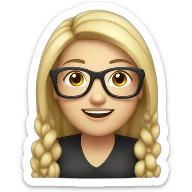 A chubby white young woman with black long hair glasses and smiling sticker