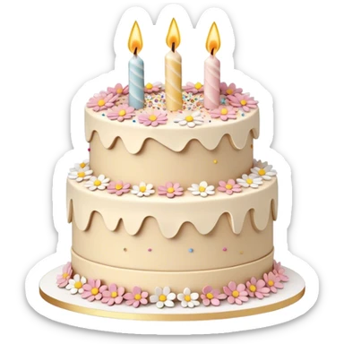 Layered, detailed beige and white birthday cake with buttercream frosting flowers and sprinkles, 3D sticker