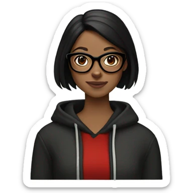 white girl with glasses is olive green colir and sholder length black hair and black hoodie and a red doberman  sticker