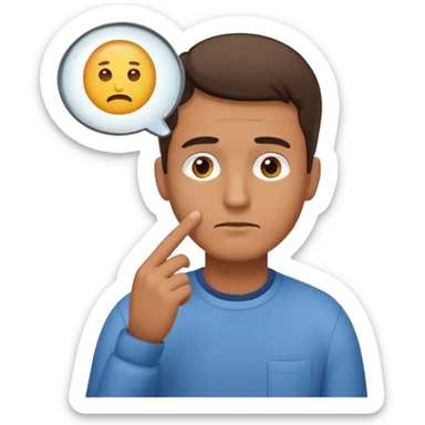 Realistic emoji-style man in simple everyday clothes, looking thoughtful and analytical. A thought bubble above his head shows a critical-thinking icon (question mark + magnifying glass). Soft lighting, expressive critical facial expression. sticker