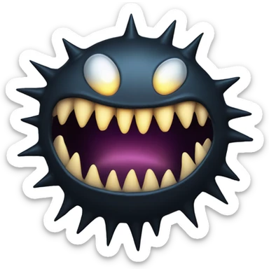 a stylized, ominous organic shape resembling a spiked, toothy mouth or maw surrounded by four glowing circular lights. The maw appears to be dark and ridged, with sharp, fang-like protrusions inside. sticker