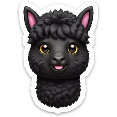 Cinematic Cute Black Alpaca Portrait Emoji, Head tilted playfully and inquisitively, featuring a plush, shiny jet-black fleece with a lustrous sheen, round, sparkling dark eyes filled with curiosity, Simplified yet irresistibly adorable features, highly detailed, glowing with a warm, friendly glow, high shine, affectionate and gentle, stylized with a touch of whimsy, bright and endearing, soft glowing outline, capturing the essence of a mischievous yet loving alpaca, so playful it feels like it could prance out of the screen and into your arms! sticker